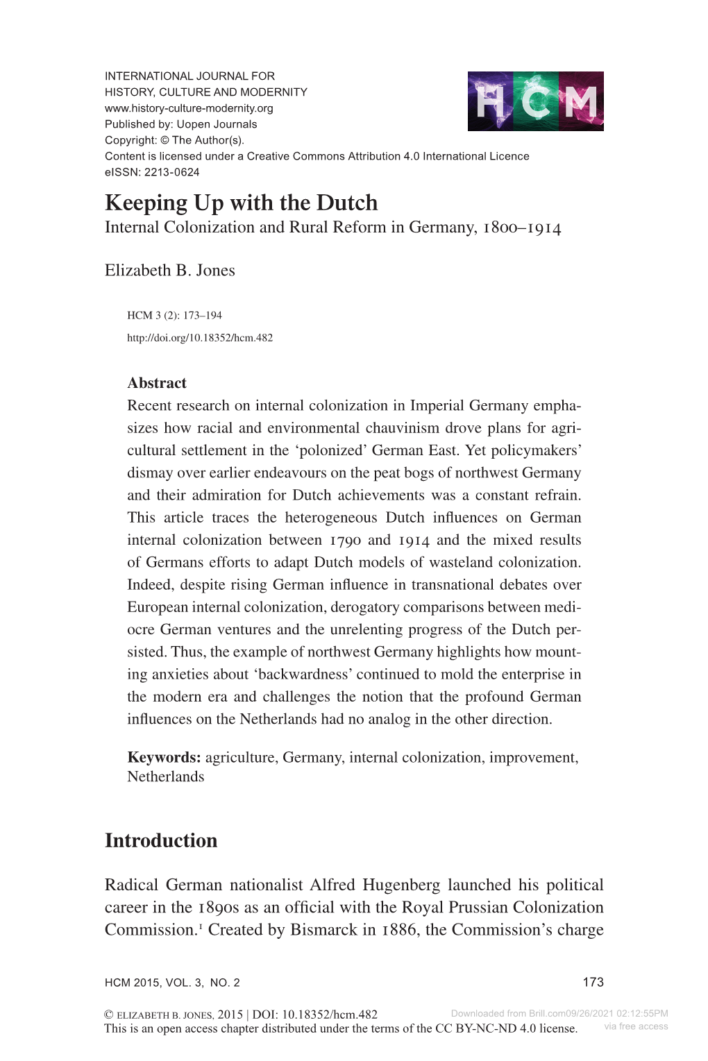 Keeping up with the Dutch Internal Colonization and Rural Reform in Germany, 1800–1914