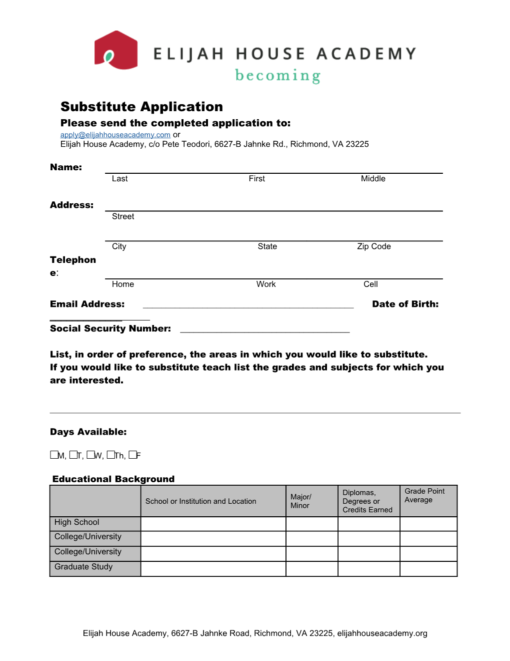 Substitute Application Please Send the Completed Application To