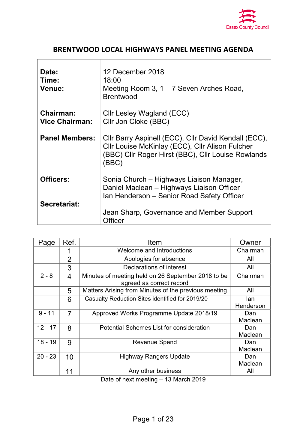 Brentwood Local Highways Panel Meeting Agenda