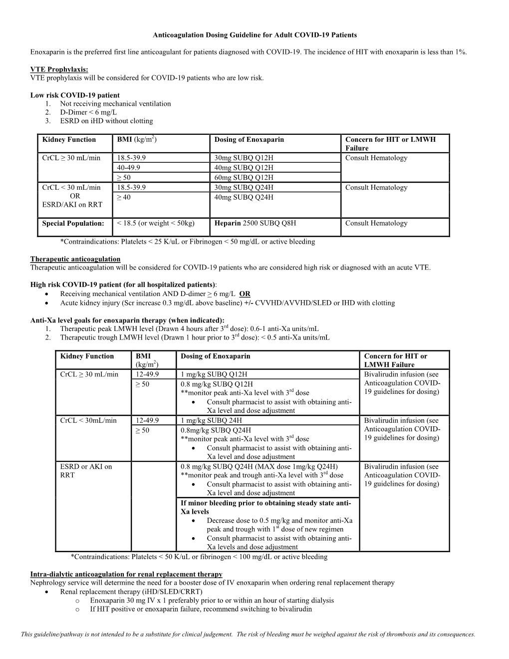 Anticoagulation Dosing Guideline for Adult COVID-19 Patients