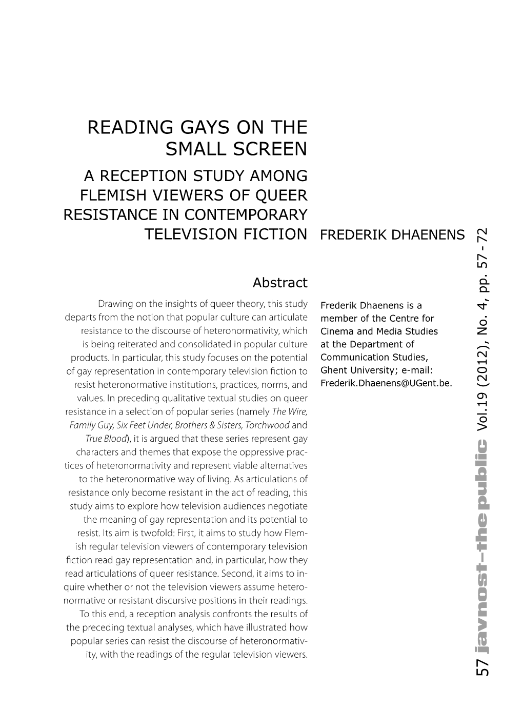 Reading Gays on the Small Screen: a Reception Study Among Flemish
