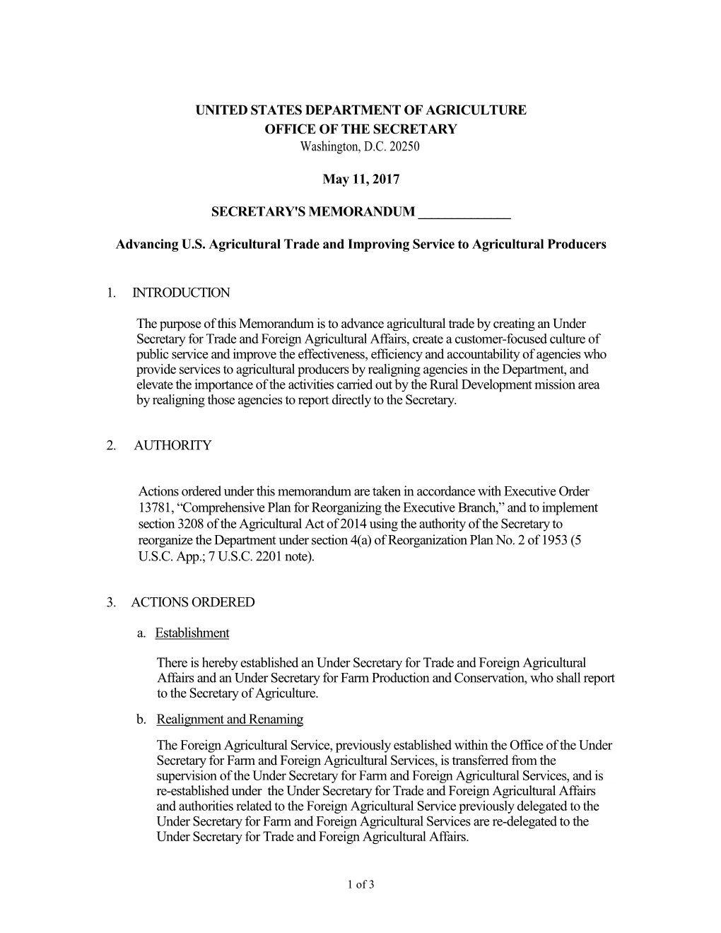 Secretary's Memorandum: Advancing U.S. Ag Trade & Improving Service