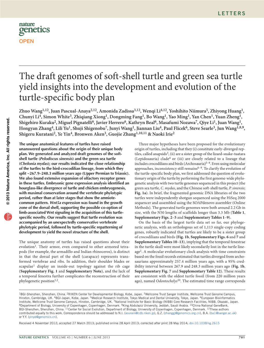 The Draft Genomes of Softshell Turtle and Green Sea Turtle Yield Insights