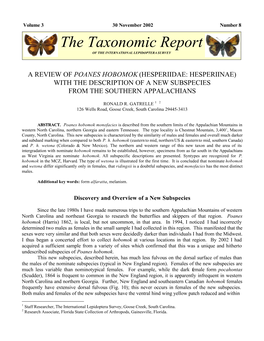 Poanes Hobomok (Hesperiidae: Hesperiinae) with the Description of a New Subspecies from the Southern Appalachians