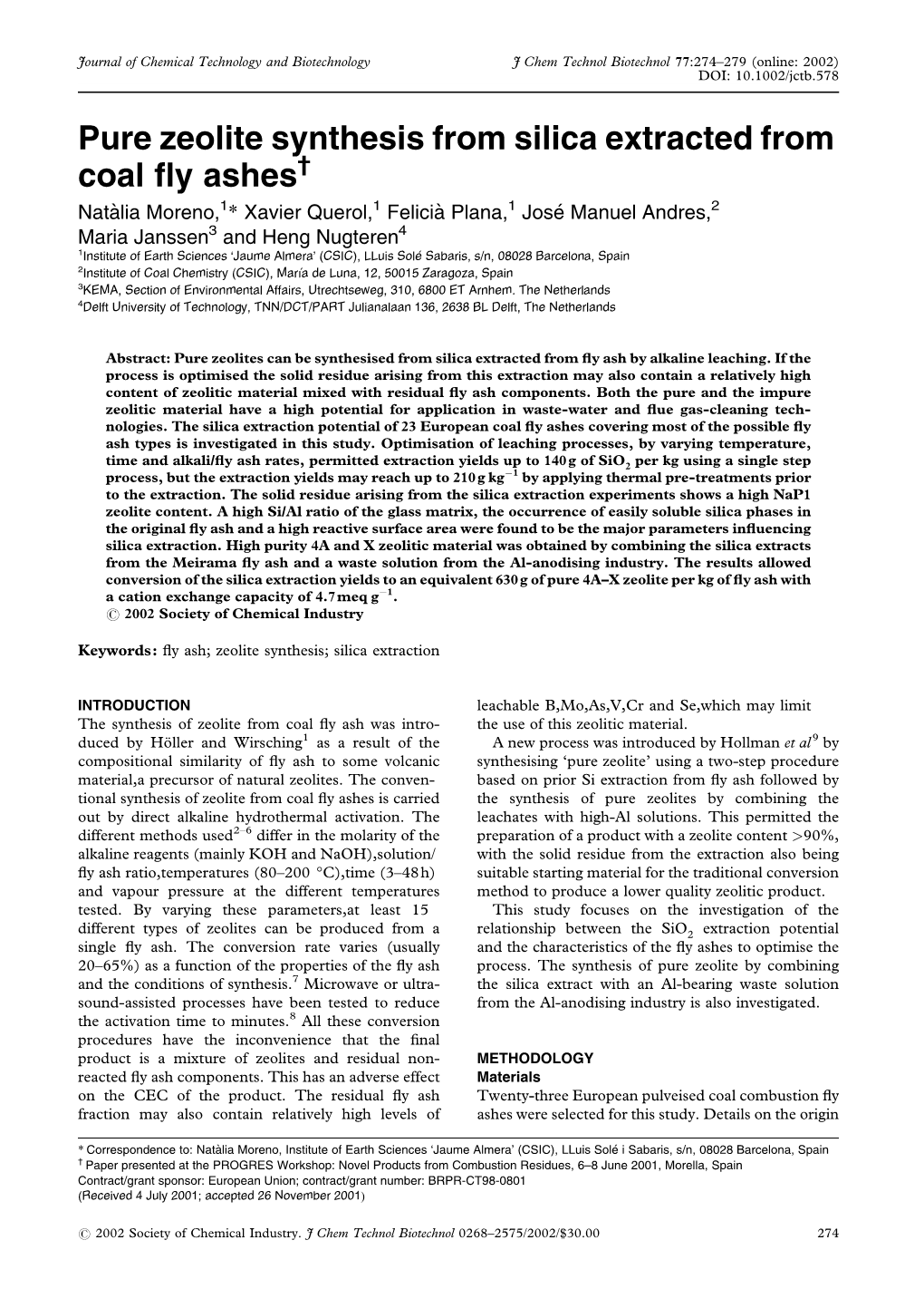 Pure Zeolite Synthesis from Silica Extracted from Coal Fly Ashes