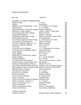 BOOKS for DONATION Book Title Author(S) ALGEBRA, LIE THEORY, COMBINATORICS Abelian Groups L. Fuchs Alg Algebra Serge Lang Alg Al