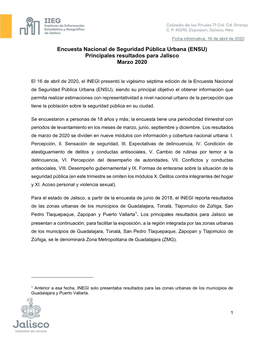 Encuesta Nacional De Seguridad Pública Urbana (ENSU) Principales Resultados Para Jalisco Marzo 2020