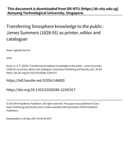 Transferring Sinosphere Knowledge to the Public : James Summers (1828‑91) As Printer, Editor and Cataloguer