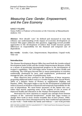 Measuring Care: Gender, Empowerment, and the Care Economy