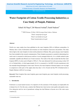 Water Footprint of Cotton Textile Processing Industries; a Case Study of Punjab, Pakistan