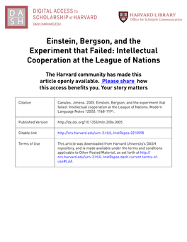 Einstein, Bergson, and the Experiment That Failed: Intellectual Cooperation at the League of Nations