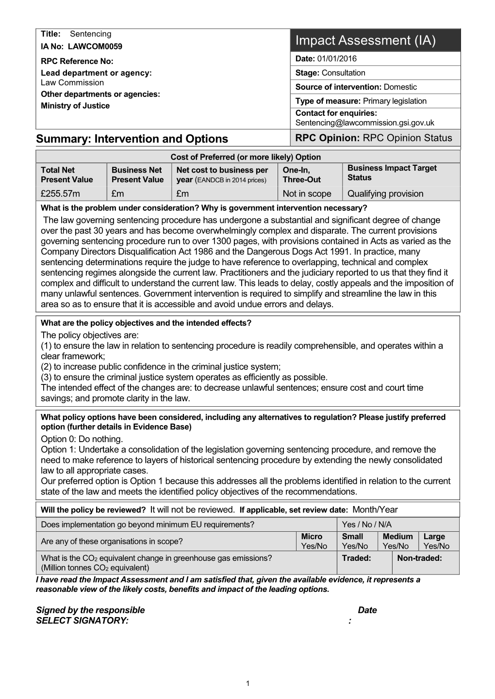 The Sentencing Code – Impact Assessment