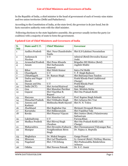 List of Chief Ministers and Governors of India
