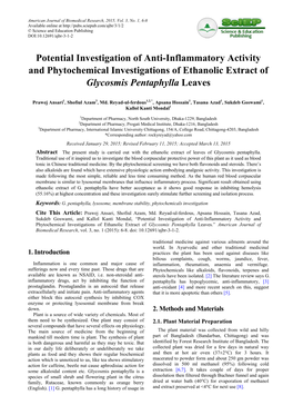 Potential Investigation of Anti-Inflammatory Activity and Phytochemical Investigations of Ethanolic Extract of Glycosmis Pentaphylla Leaves