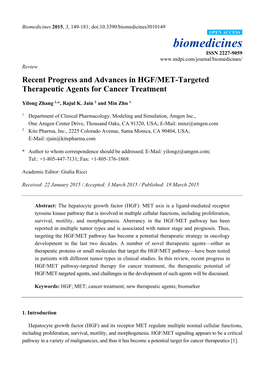 Recent Progress and Advances in HGF/MET-Targeted Therapeutic Agents for Cancer Treatment