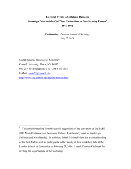 Electoral Events As Collateral Damages Sovereign Debt and the Old 'New' Nationalism in Post-Security Europe 1 WC: 9950