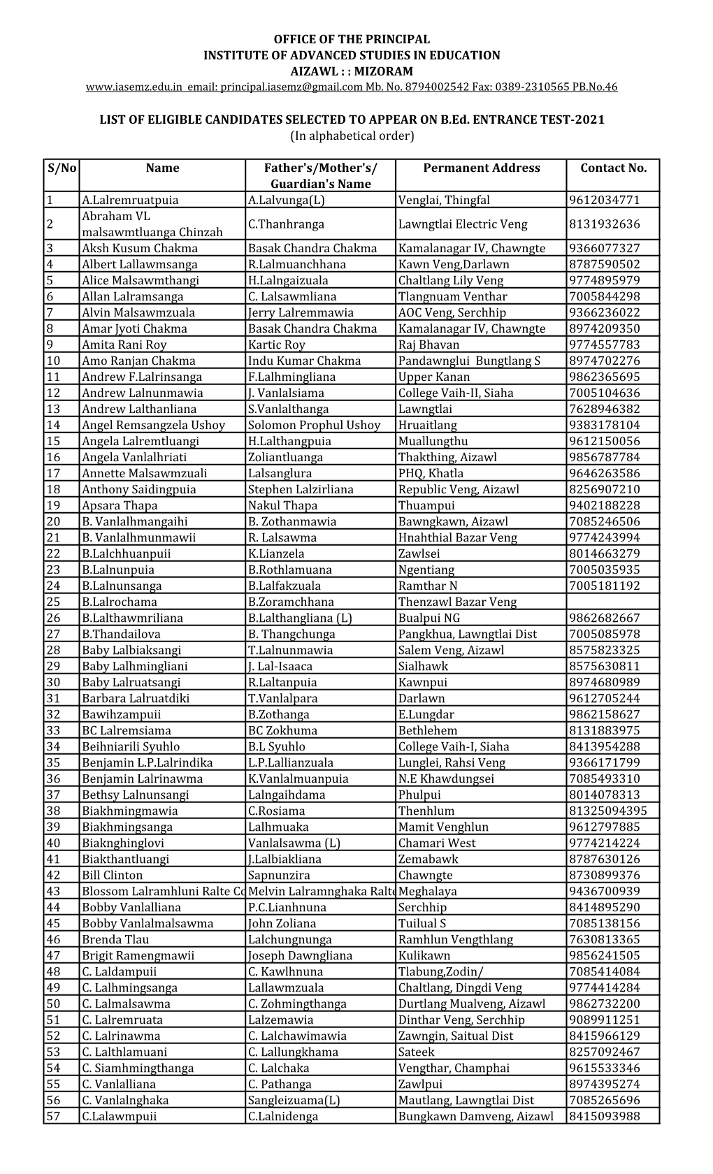 S/No Name Father's/Mother's/ Guardian's Name Permanent Address