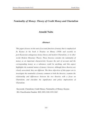 Nominality of Money: Theory of Credit Money and Chartalism Atsushi Naito