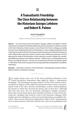 A Transatlantic Friendship: the Close Relationship Between the Historians Georges Lefebvre and Robert R