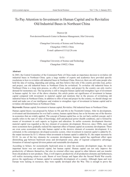 To Pay Attention to Investment in Human Capital and to Revitalize Old Industrial Bases in Northeast China