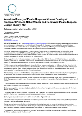 American Society of Plastic Surgeons Mourns Passing of Transplant