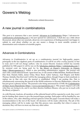 A New Journal in Combinatorics | Gowers's Weblog 20/01/21 00:09