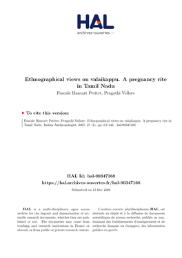 Ethnographical Views on Valaikappu. a Pregnancy Rite in Tamil Nadu Pascale Hancart Petitet, Pragathi Vellore