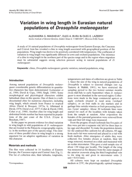 Variation in Wing Length in Eurasian Natural Populations of Drosophila Melanogaster