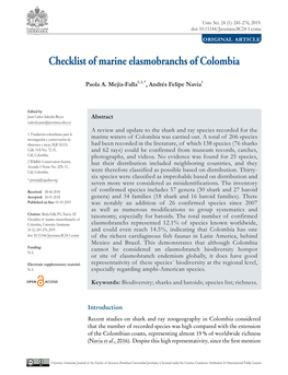 Checklist of Marine Elasmobranchs of Colombia