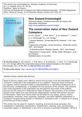 New Zealand Entomologist the Conservation Status of New Zealand