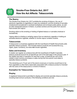 Smoke-Free Ontario Act, 2017 How the Act Affects: Tobacconists