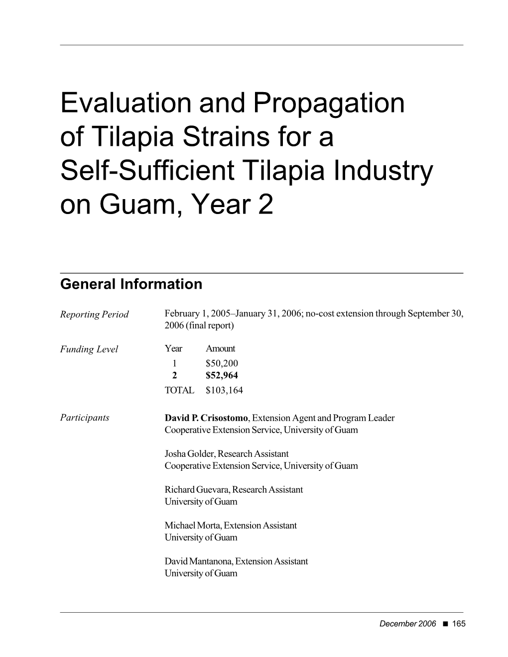 Evaluation and Propagation of Tilapia Strains for a Self-Sufficient Tilapia Industry on Guam, Year 2