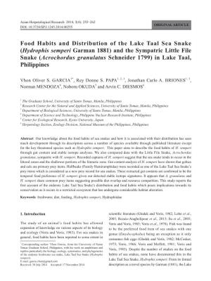 Food Habits and Distribution of the Lake Taal Sea Snake