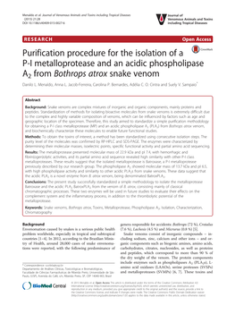 Purification Procedure for the Isolation of a P-I Metalloprotease and an Acidic Phospholipase A2 from Bothrops Atrox Snake Venom Danilo L