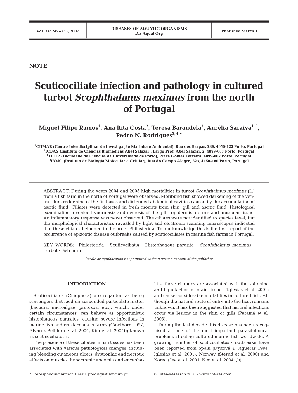 Scuticociliate Infection and Pathology in Cultured Turbot Scophthalmus Maximus from the North of Portugal