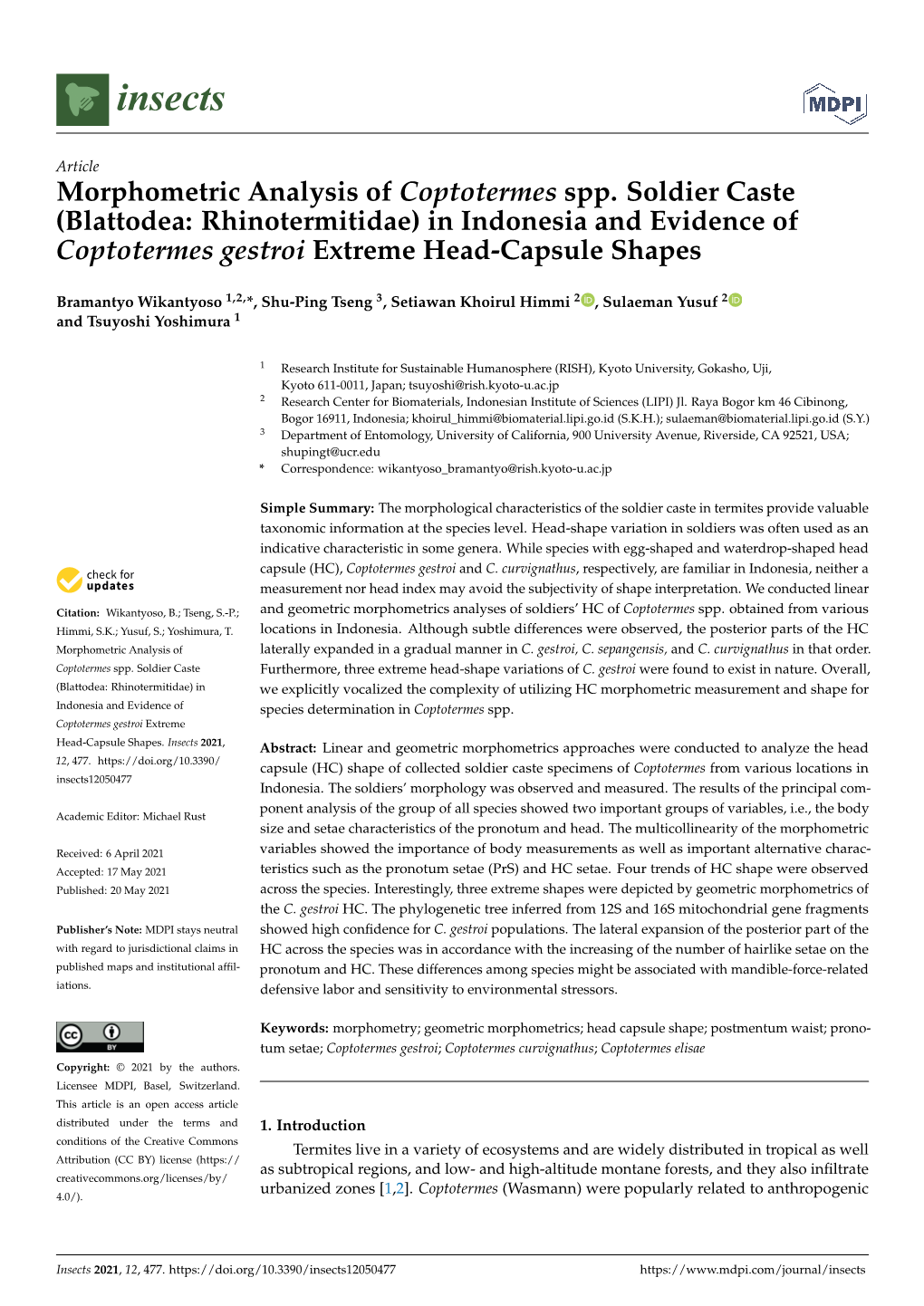 Morphometric Analysis of Coptotermes Spp. Soldier Caste (Blattodea: Rhinotermitidae) in Indonesia and Evidence of Coptotermes Gestroi Extreme Head-Capsule Shapes