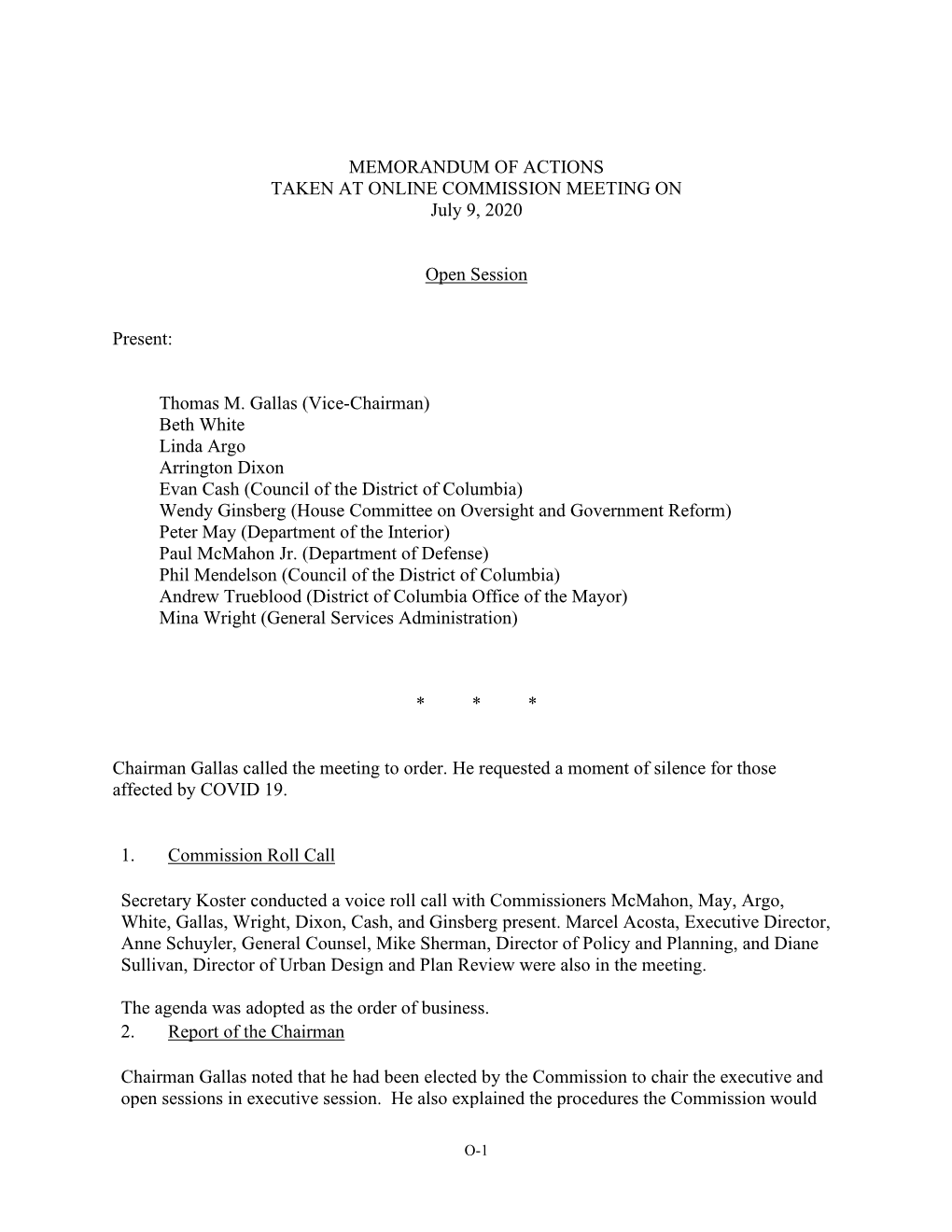 Memorandum of Actions for the July 9, 2020 Commission Meeting