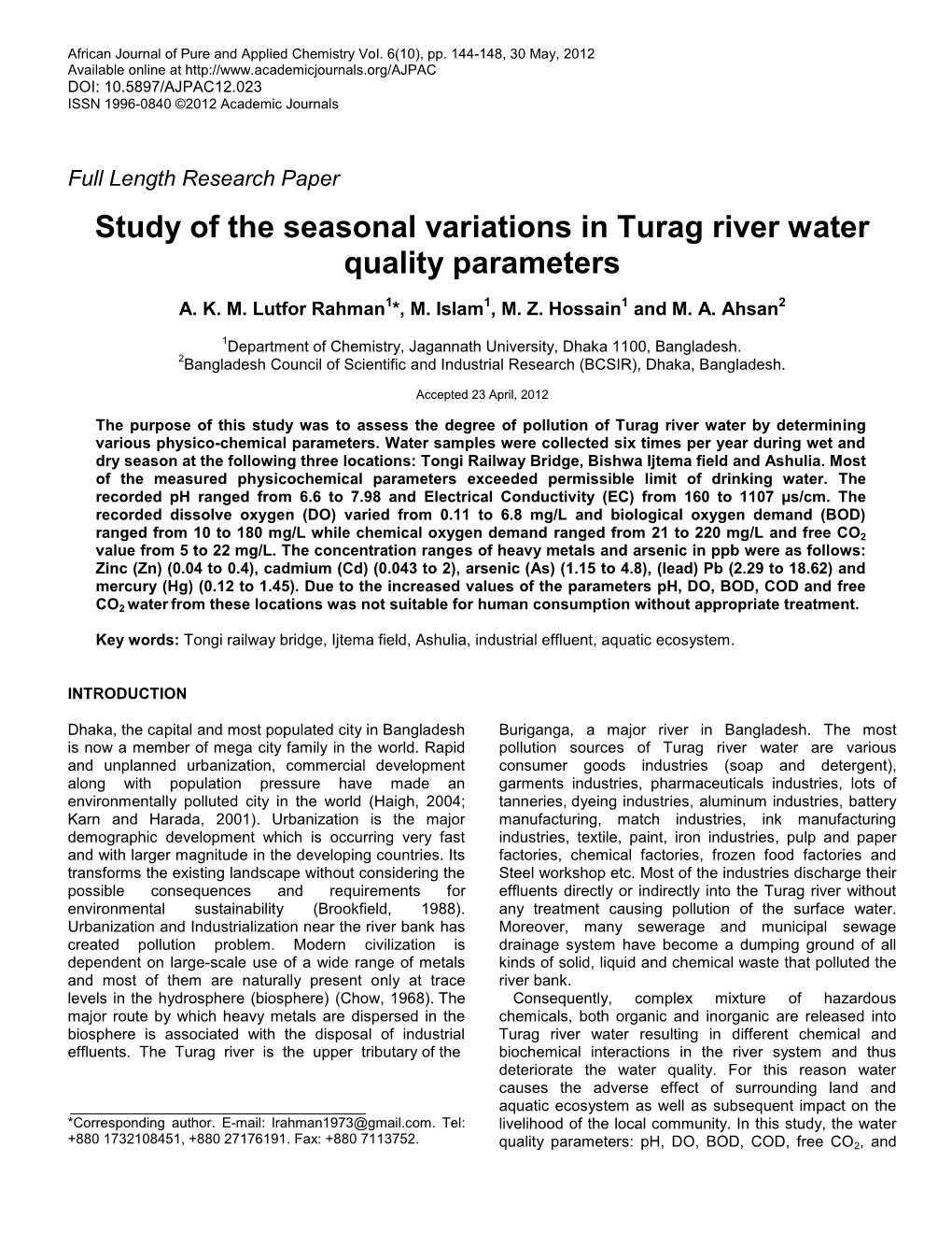 Study of the Seasonal Variations in Turag River Water Quality Parameters