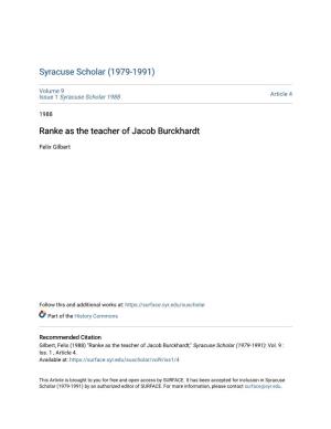 Ranke As the Teacher of Jacob Burckhardt
