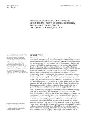THE INTEGRATION of TALL BUILDINGS in URBAN ENVIRONMENT: CONSIDERING the KEY SUSTAINABILITY CONCEPTS (1) Tulû TOHUMCU*, A