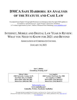 Dmca Safe Harbors: an Analysis of the Statute and Case Law