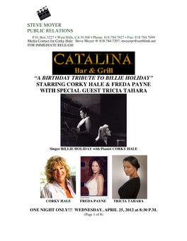 “A Birthday Tribute to Billie Holiday” Starring Corky Hale & Freda Payne with Special Guest Tricia Tahara