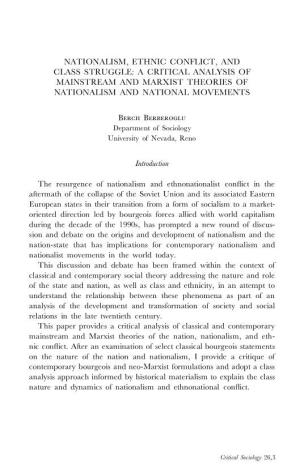 Nationalism, Ethnic Conflict, and Class Struggle: a Critical Analysis of Mainstream and Marxist Theories of Nationalism and National Movements