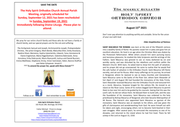 The Holy Spirit Orthodox Church Annual Parish Meeting, Originally Scheduled for Sunday, September 12, 2021 Has Been Rescheduled to Sunday, September 19, 2021