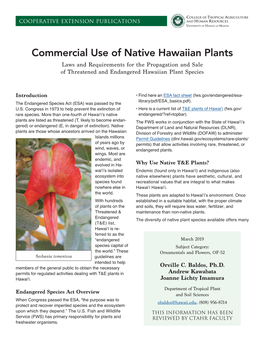 Commercial Use of Native Hawaiian Plants Laws and Requirements for the Propagation and Sale of Threatened and Endangered Hawaiian Plant Species