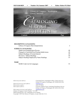 Cataloging Service Bulletin 116, Summer 2007