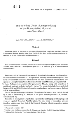 The Fur Mites (Acari: Listrophoridae) of the Round-Tailed Muskrat, Neofiber Alieni