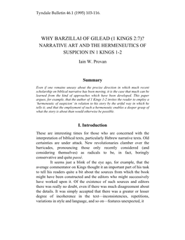 WHY BARZILLAI of GILEAD (1 KINGS 2:7)? NARRATIVE ART and the HERMENEUTICS of SUSPICION in 1 KINGS 1-2 Iain W