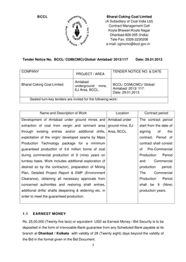1 BCCL Bharat Coking Coal Limited (A Subsidiary of Coal India Ltd) Contract Management Cell Koyla Bhawan:Koyla Nagar Dhanbad-826