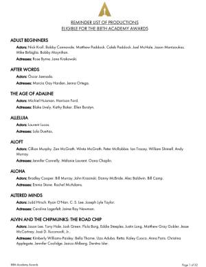 Reminder List of Productions Eligible for the 88Th Academy Awards
